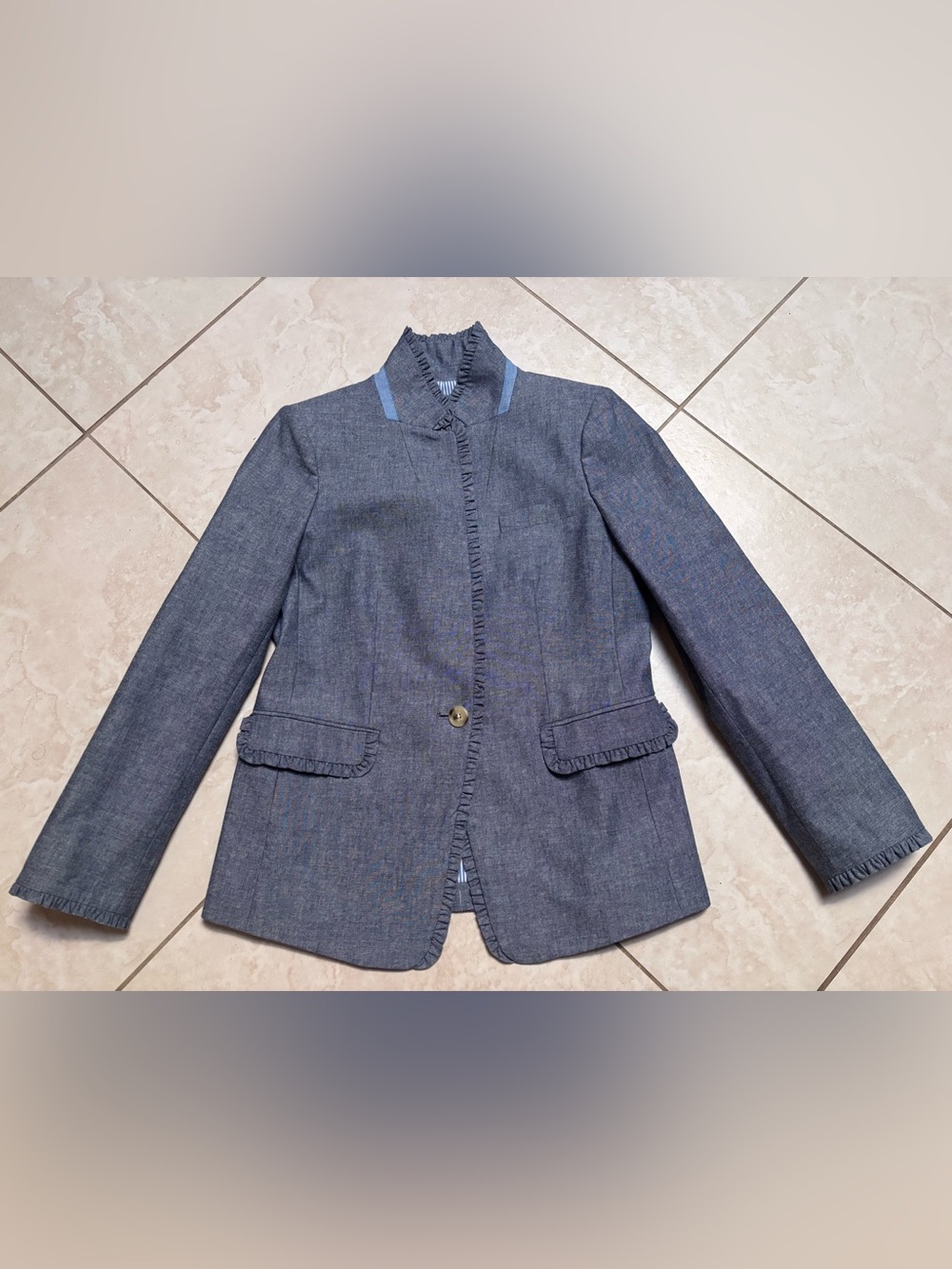 J. Crew Regent Blue Single-Button Tailored Blazer with Ruffle Trim